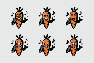 Six animated carrot characters singing with microphones and musical notes