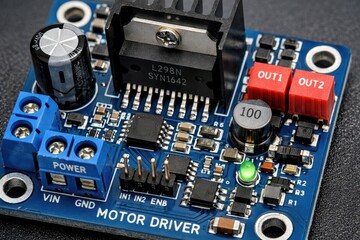 Detailed Close-Up of an L298N Motor Driver Circuit Board
