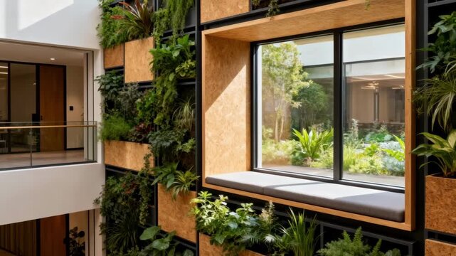 Medium shot of an atrium window seat integrated into vertical garden walls highlighting ecofriendly construction and urban greenery.