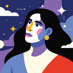 Stylized Portrait of a Woman with Colorful Face and Night Sky Background