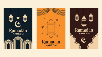 Three Minimalist Islamic Greeting Cards with Ramadan Kareem Text and Lanterns