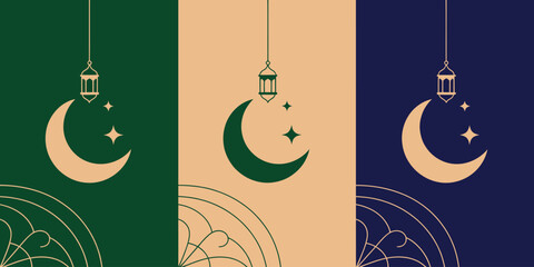 Three Panels with Crescent Moon and Lantern in Green, Beige, and Blue