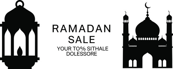 Ramadan sale advertisement with mosque and lantern silhouettes. © Farjana