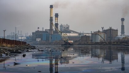 Obraz premium Industrial Landscape with Pollution and Reflections in Water