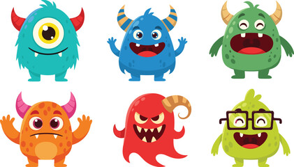 Cute cartoon monster characters set, colorful funny creatures collection vector illustration isolated on white background