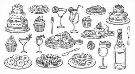 Elegant Hand-Drawn Party Food and Drink Sketches - Celebration Treats Vector Illustration