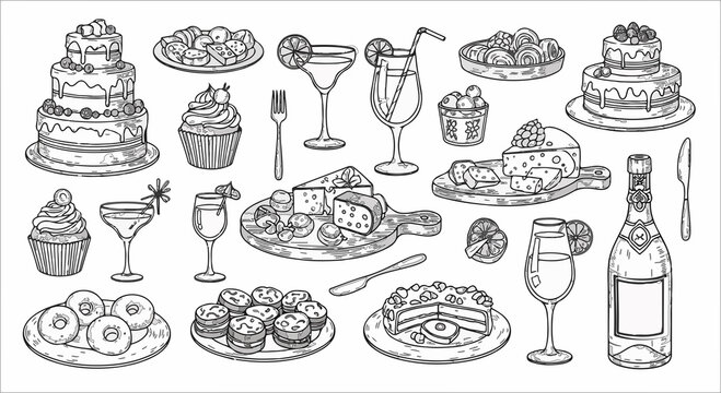 Elegant Hand-Drawn Party Food and Drink Sketches - Celebration Treats Vector Illustration