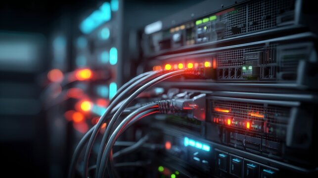 modern server equipment with some blinking lights and cabling pinging another location