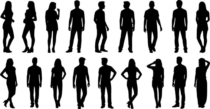 Vector silhouettes man and women, illustration. Silhouettes of young people posing in casual clothes. Transparent background EPS version.