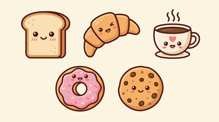 Cute cartoon breakfast and snack items with happy faces, including toast, croissant, coffee, donut, and cookie.