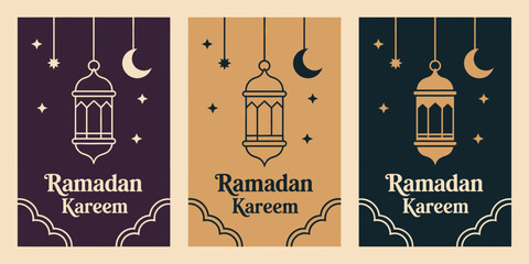 Three Ramadan Greeting with Lanterns and Crescent Moons