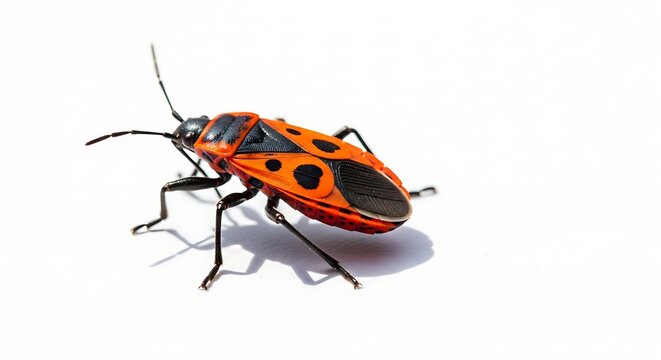 Red and black firebug insect isolated on white background with shadow. AI Generated.