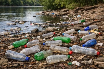 Littered Shoreline with Plastic Bottles and Pollution in Nature Scene