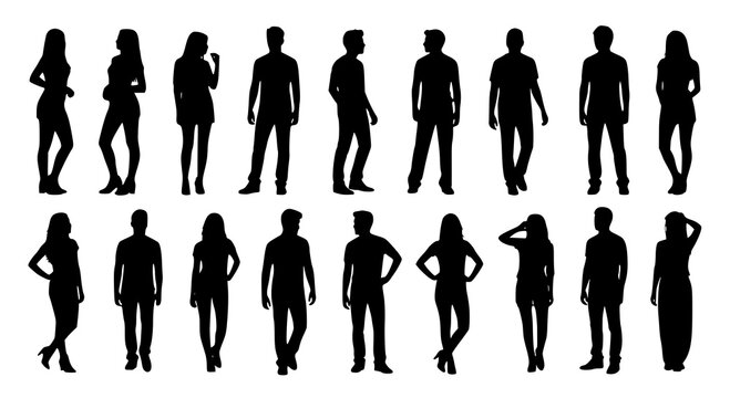 Vector silhouettes man and women, illustration. Silhouettes of young people posing in casual clothes. JPEG version.