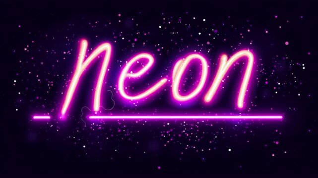 Glowing neon text sign with pink luminous light on dark sparkling background, retro typography electric illumination banner, nightlife club aesthetic vaporwave style graphic design decoration concept