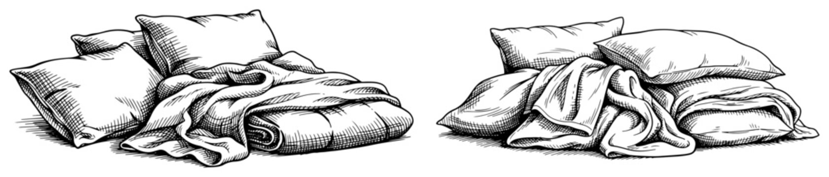 Hand drawn sketch of messy pillows and blankets on a bed in vintage engraving style