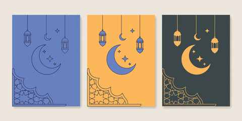 Three Vertical Cards with Moon Crescents and Lanterns in Blue Orange and Dark Blue
