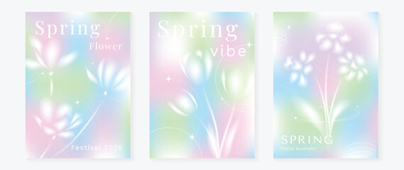 Fototapeta premium Spring flowers poster vector set. Botanical pastel gradient background and white floral design for spring and summer sale ads, invitation backgrounds, cards, branding, packaging and wall decoration.