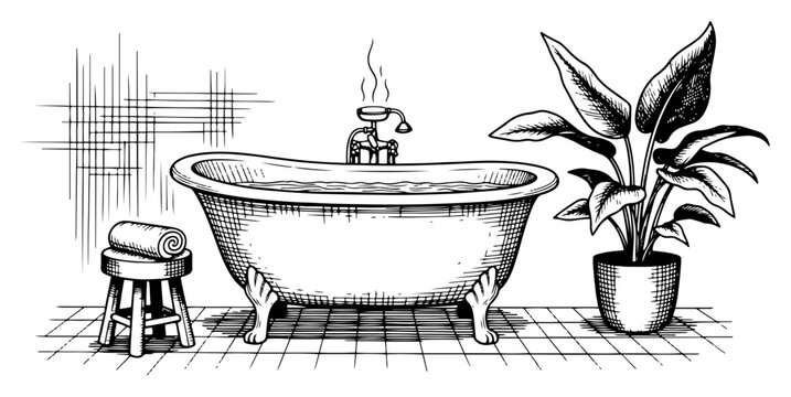 Classic clawfoot bathtub with a potted plant and stool in a hand drawn bathroom scene