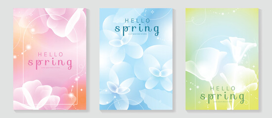 Obraz premium Spring flowers poster vector set. Botanical pastel gradient background and white floral design for spring and summer sale ads, invitation backgrounds, cards, branding, packaging and wall decoration.
