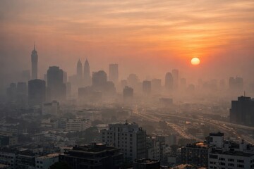 Fototapeta premium Misty Urban Landscape with Sunset Over a City Skyline