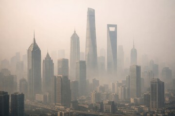 Obraz premium Misty Skyline of Shanghai with Tall Buildings and Urban Landscape