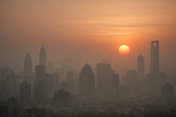 Fototapeta premium Misty Cityscape at Dusk with Orange Sun Over Skyscrapers