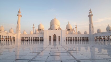 Fototapeta premium Grand white mosque with domes and minarets on reflective marble floor
