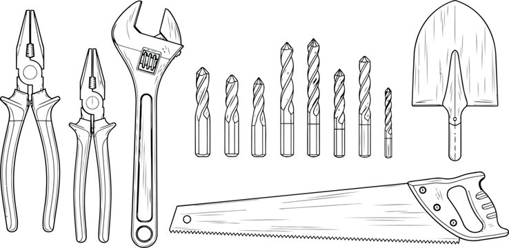 Line art drawing of various hand tools and drill bits on white background vector illustration