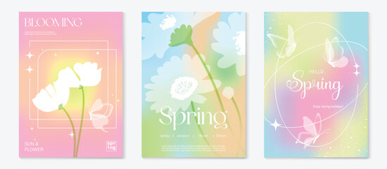 Fototapeta premium Spring flowers poster vector set. Botanical pastel gradient background and white floral design for spring and summer sale ads, invitation backgrounds, cards, branding, packaging and wall decoration.