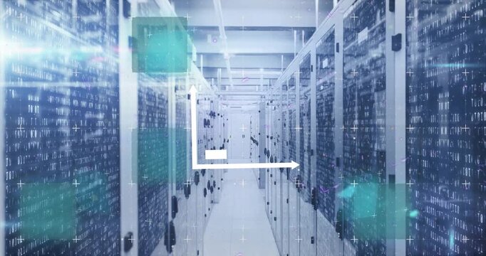 Animation of glitch effect over bar graph icon against computer server room
