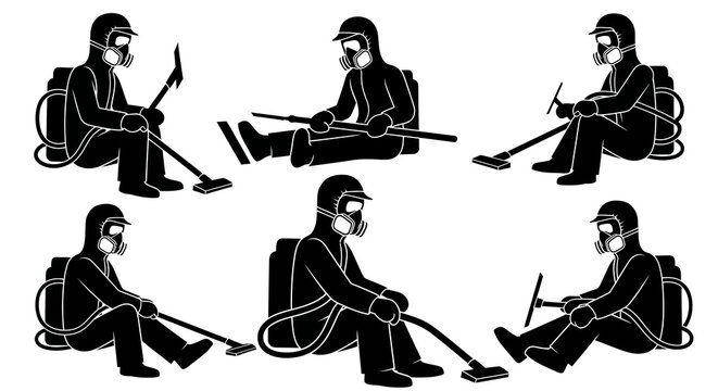 Pest control technicians in protective gear spraying various areas