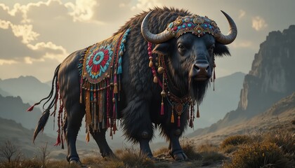 A proud buffalo wearing vibrant tribal fantasy costume
