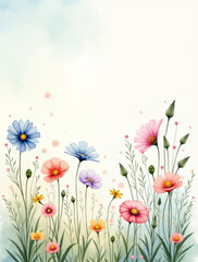 A vibrant spring meadow blooming with a field of red poppies and yellow marigold flowers under a clear blue sky captures the colorful beauty of nature in a lush summer garden