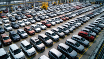 Obraz premium A blurred view from above of parking cars or the release of new cars at the factory
