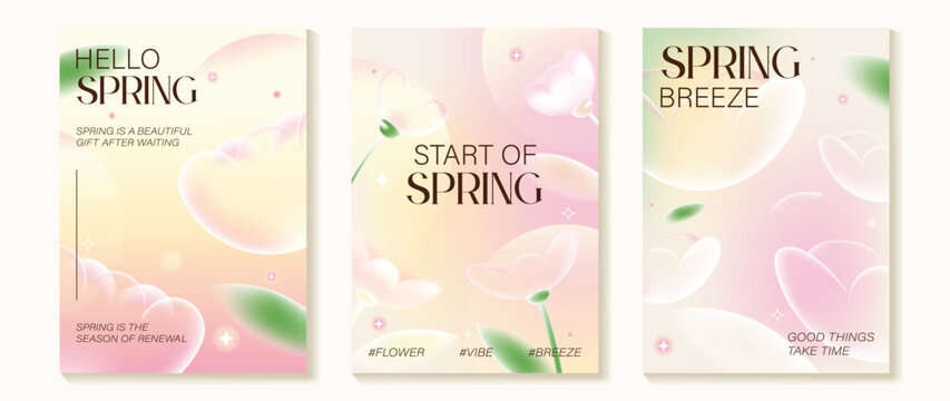 Spring flowers poster vector set. Botanical pastel gradient background and  white floral design for spring and summer sale ads, invitation backgrounds, cards, branding, packaging and wall decoration.