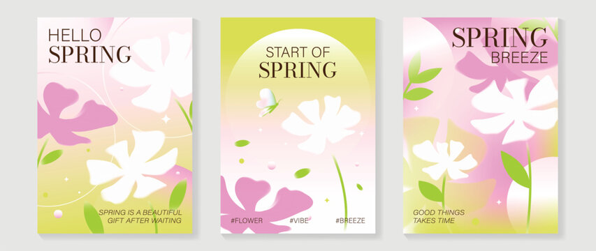Spring flowers poster vector set. Botanical pastel gradient background and  white floral design for spring and summer sale ads, invitation backgrounds, cards, branding, packaging and wall decoration.