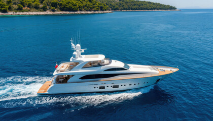 Fototapeta premium The big blue sea and the white luxury yacht , top view