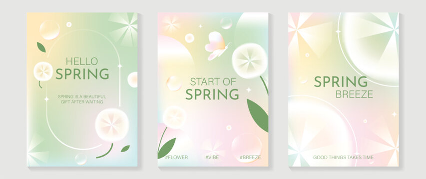 Spring flowers poster vector set. Botanical pastel gradient background and  white floral design for spring and summer sale ads, invitation backgrounds, cards, branding, packaging and wall decoration.
