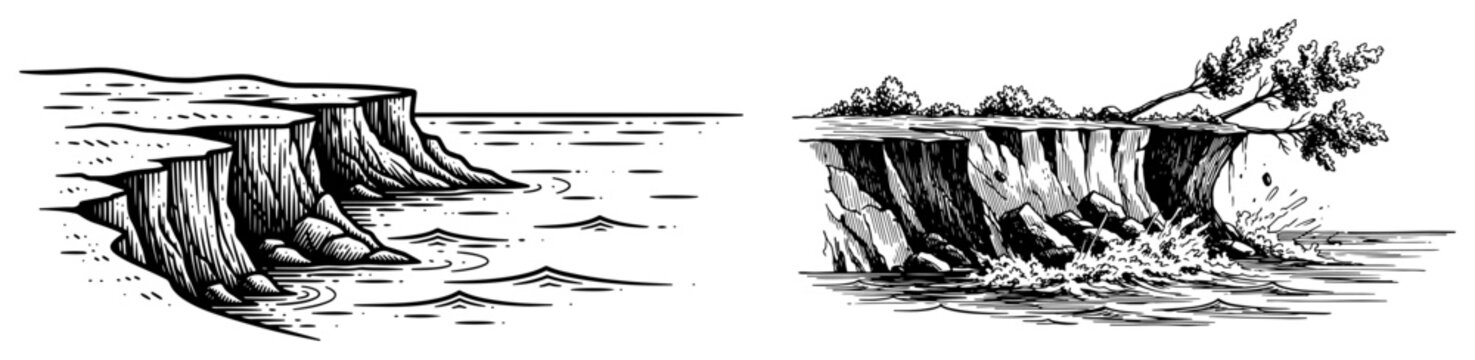 Two hand drawn landscape sketches of high rocky cliffs overlooking the sea waves