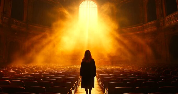 Woman standing in illuminated hall with empty seats