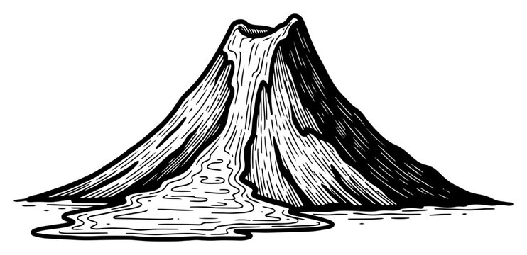 Large volcano erupting with lava flow descending into a pool of water