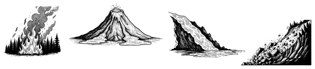 Collection of natural disaster icons including forest fire volcano landslide and rockfall © Amelia