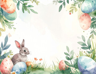 Minimal Easter watercolor border with bunny and decorated eggs, botanical frame and copy space