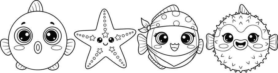 Cute kawaii sea animals line art set, cartoon fish starfish and pufferfish vector illustration collection © MDALRAFIN