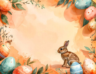 Watercolor Easter greeting background with bunny and painted eggs on warm orange pastel backdrop