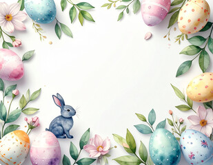 Spring Easter watercolor frame with pastel eggs, flowers and small bunny, clean white background