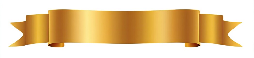 A golden, decorative ribbon with a slight curve and textured appearance on a white backdrop