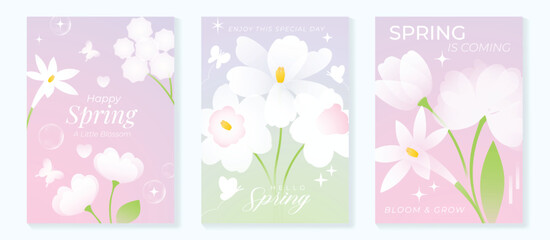Fototapeta premium Spring flowers poster vector set. Botanical pastel gradient background and white floral design for spring and summer sale ads, invitation backgrounds, cards, branding, packaging and wall decoration.