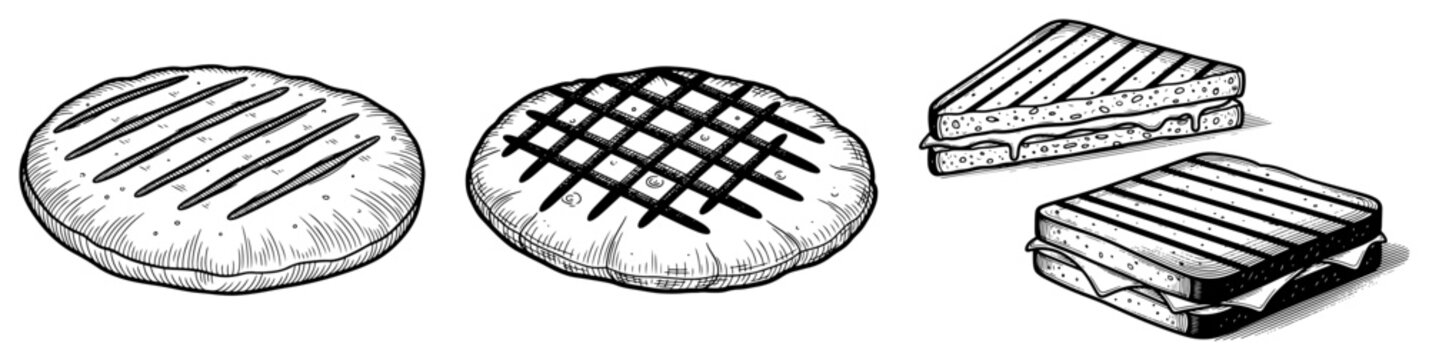 Set of grilled burger patties and panini sandwiches in hand drawn vintage sketch style